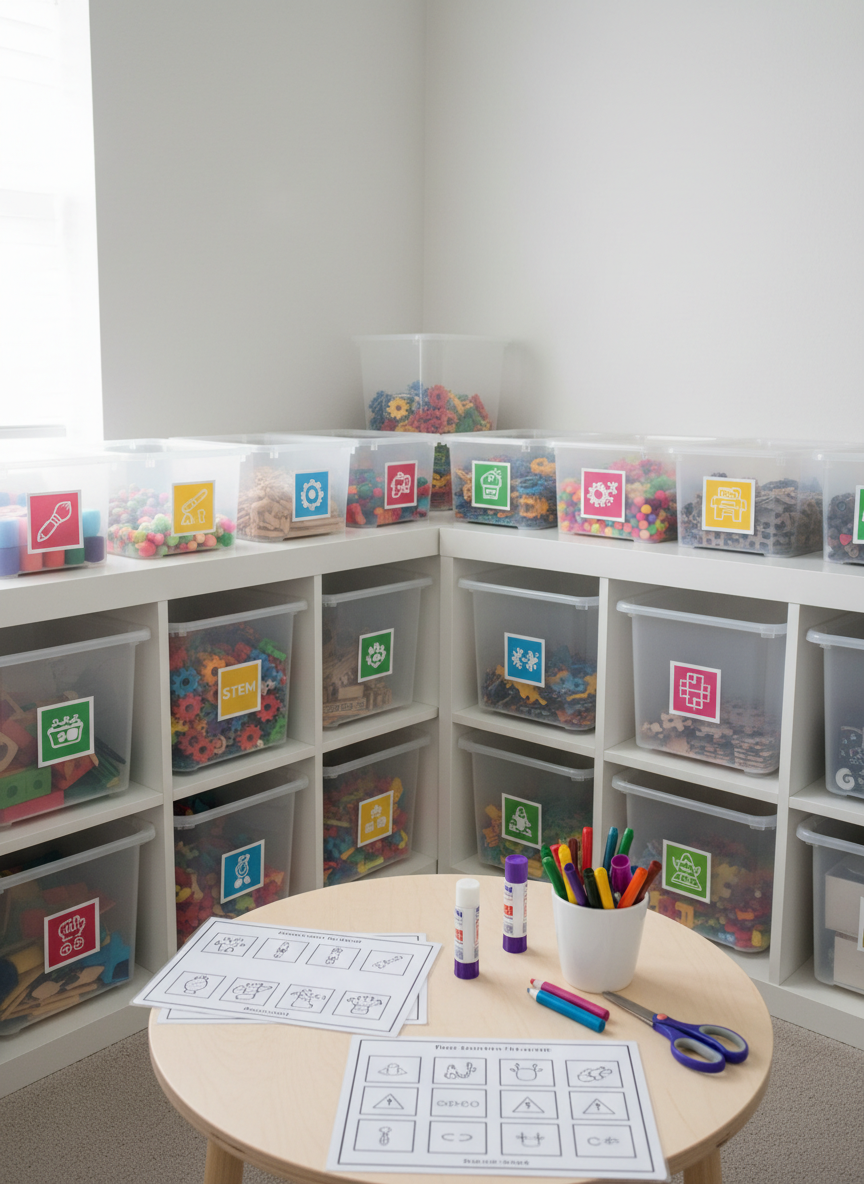 A spacious, well-organized play-and-learn corner featuring a low white shelf filled with clear bins of craft supplies, puzzles, and simple STEM toys, each neatly labeled with bright, kid-friendly icons. On a small, round, pale birch table, several laminated printable worksheets are laid out beside blunt-tip scissors, glue sticks, and a cup of thick triangular crayons. Diffused midday natural light streams through an off-frame window, creating soft, even illumination and minimal shadows. The mood is playful yet structured, suggesting easy-to-follow activities. Photographic realism, eye-level composition with sharp focus across the scene, vibrant but clean colors, and a modern, clutter-free aesthetic that highlights accessible learning at home or in a classroom.