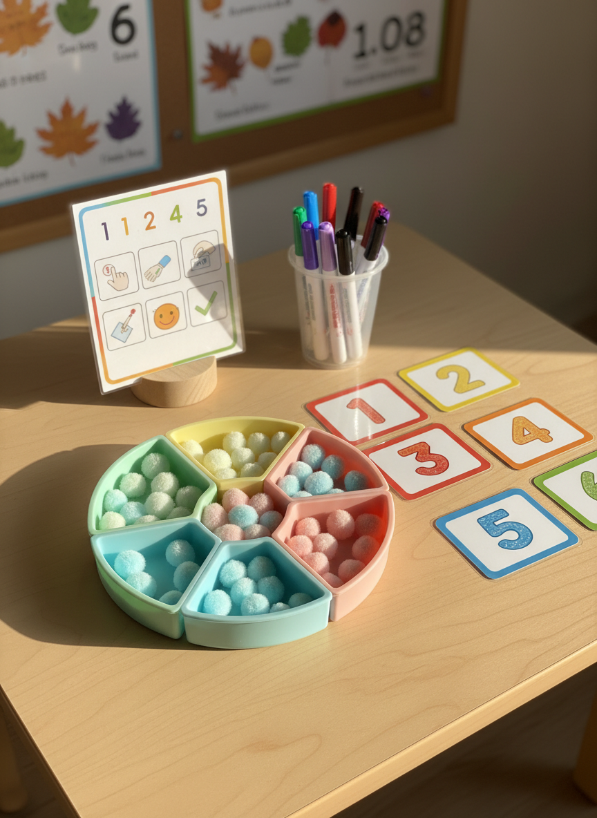 A sturdy, child-sized wooden table set up for a hands-on math activity, with a bright silicone sorting tray filled with pastel pom-poms, a row of large, colorful number cards, and a clear plastic cup of thick, erasable markers. A laminated instruction card with simple icons and step-by-step visuals leans against a small wooden stand. Soft, warm afternoon sunlight enters from the side, highlighting the textures of the materials and casting delicate shadows. The background shows a blurred corkboard with seasonal learning posters. Photographic realism, captured from a slightly elevated close-up angle, emphasizing the tactile details and inviting arrangement, with a cheerful, focused, and engaging atmosphere ideal for early math practice.