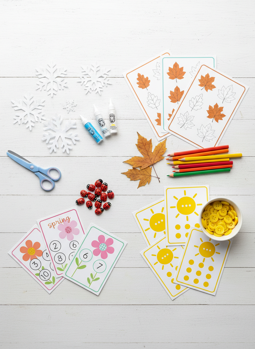A seasonal kids’ activity flat lay on a whitewashed wooden surface, arranged neatly by theme: snowflake-shaped paper cutouts with child-safe scissors and glitter glue in one corner, bright spring flower counting cards with plastic ladybug tokens in another, autumn leaf tracing sheets with chunky colored pencils, and simple summer sun pattern cards with yellow buttons. Soft studio lighting from above creates even illumination and gentle, almost shadowless definition. The composition uses the rule of thirds, with each seasonal cluster clearly separated yet harmonious in color. Photographic realism with vibrant, playful hues, clean lines, and a crisp, modern look that communicates year-round, easy-to-print learning fun for kids.