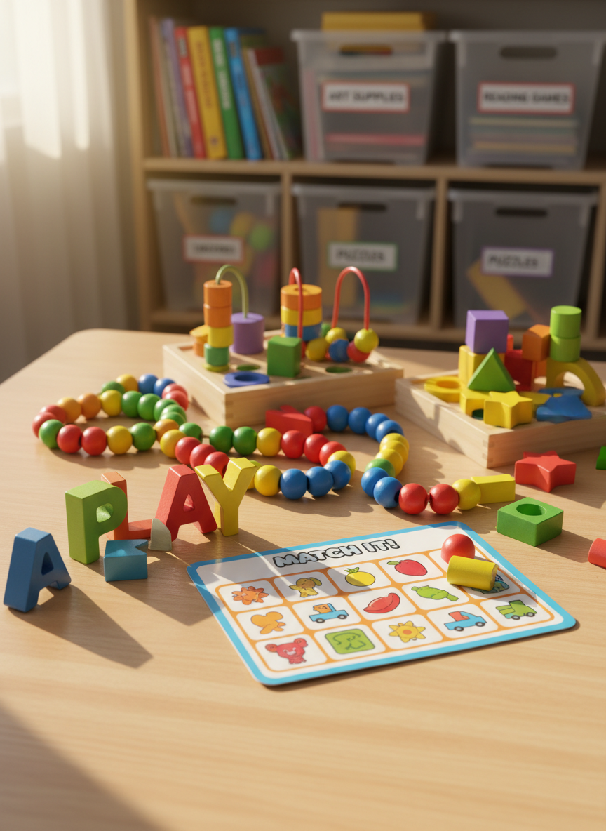 A bright wooden tabletop covered with playful kids’ learning materials, including colorful alphabet puzzle pieces, chunky counting beads, and simple shape-sorting blocks, all neatly scattered as if mid-activity. In the center sits an open laminated activity card showing a matching game with bold icons and primary colors. Soft morning sunlight from an unseen window washes across the surface, creating gentle shadows and a cozy glow. The background is softly blurred shelves filled with labeled bins and neatly stacked workbooks. Photographic realism, shot from a slightly elevated angle with shallow depth of field, creating an inviting, organized, and energetic atmosphere perfect for a kids’ learning activities website.