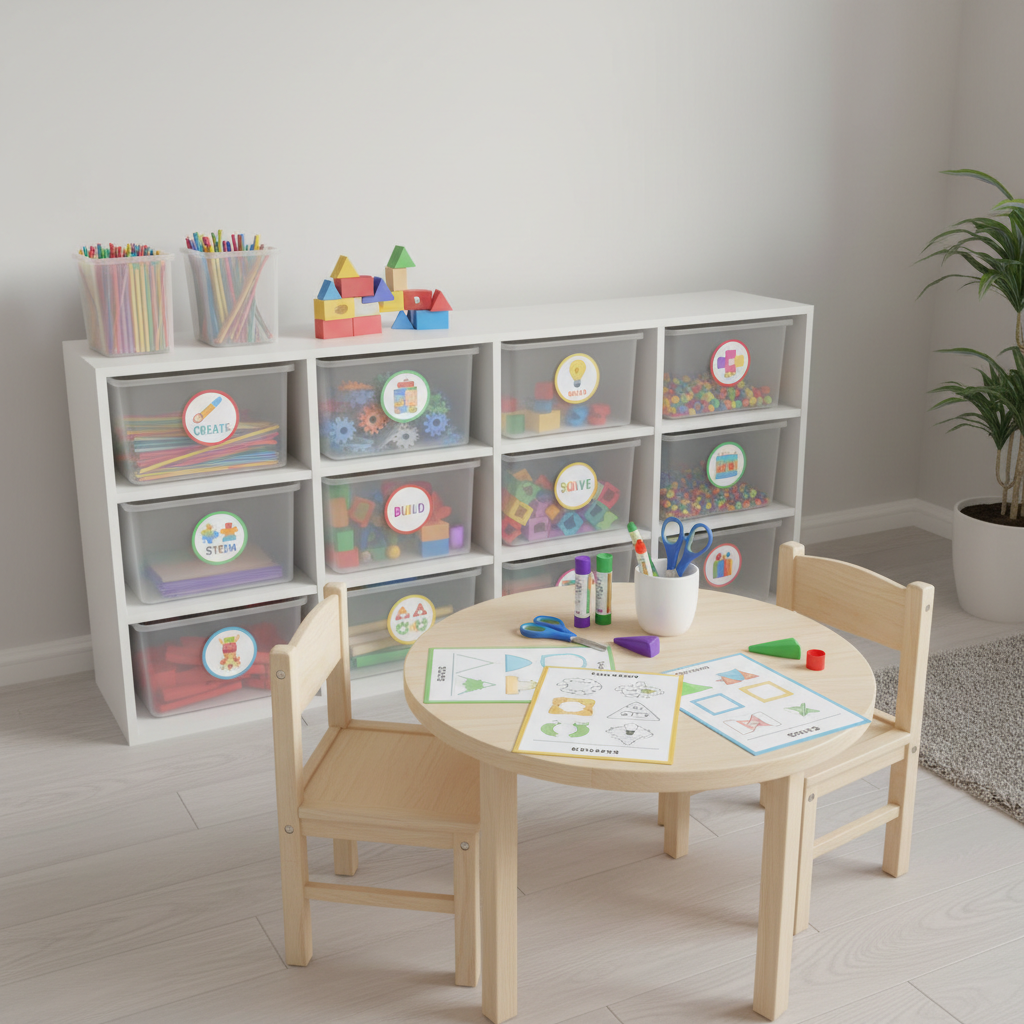 A spacious, well-organized play-and-learn corner featuring a low white shelf filled with clear bins of craft supplies, puzzles, and simple STEM toys, each neatly labeled with bright, kid-friendly icons. On a small, round, pale birch table, several laminated printable worksheets are laid out beside blunt-tip scissors, glue sticks, and a cup of thick triangular crayons. Diffused midday natural light streams through an off-frame window, creating soft, even illumination and minimal shadows. The mood is playful yet structured, suggesting easy-to-follow activities. Photographic realism, eye-level composition with sharp focus across the scene, vibrant but clean colors, and a modern, clutter-free aesthetic that highlights accessible learning at home or in a classroom.