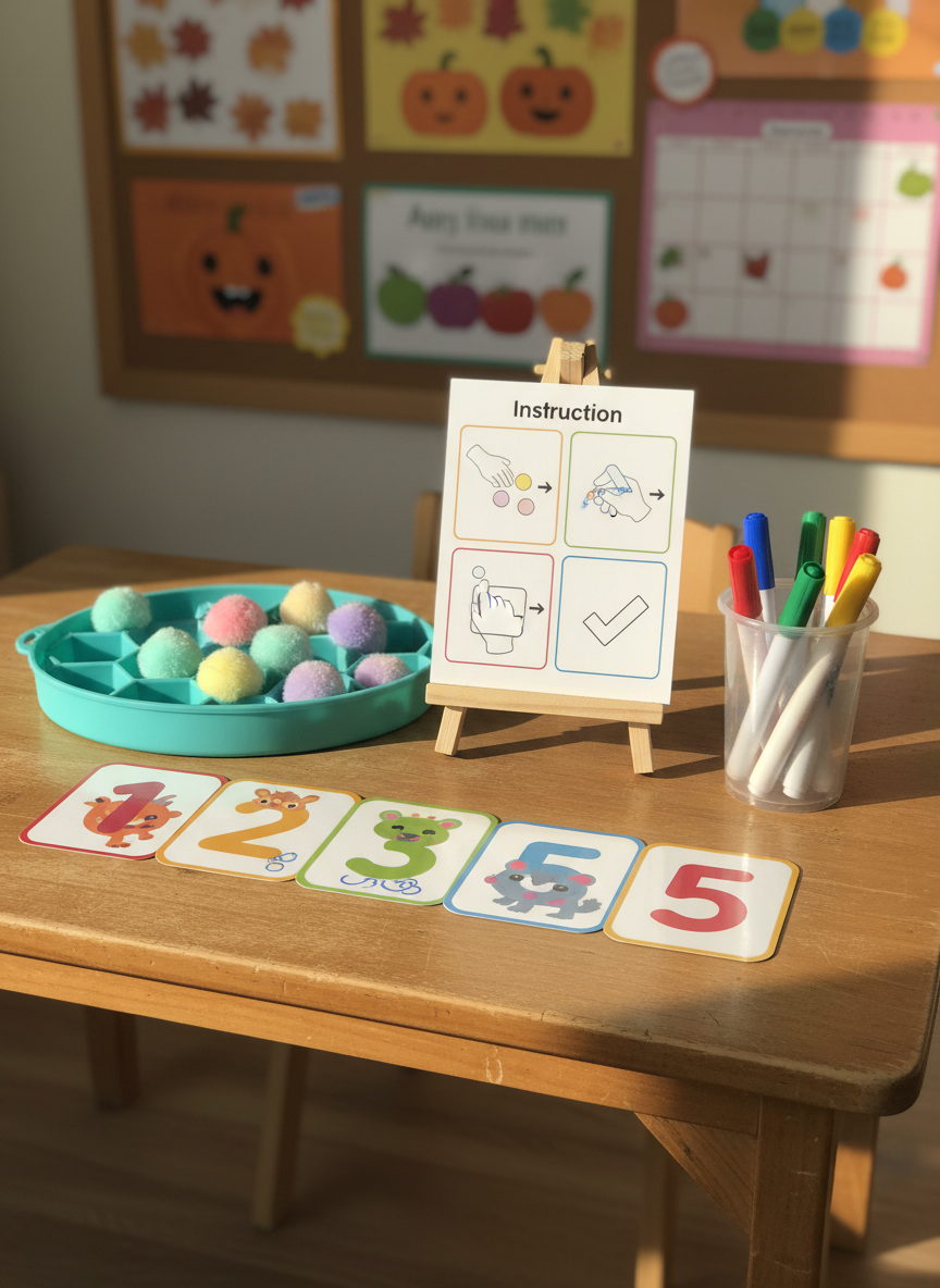 A sturdy, child-sized wooden table set up for a hands-on math activity, with a bright silicone sorting tray filled with pastel pom-poms, a row of large, colorful number cards, and a clear plastic cup of thick, erasable markers. A laminated instruction card with simple icons and step-by-step visuals leans against a small wooden stand. Soft, warm afternoon sunlight enters from the side, highlighting the textures of the materials and casting delicate shadows. The background shows a blurred corkboard with seasonal learning posters. Photographic realism, captured from a slightly elevated close-up angle, emphasizing the tactile details and inviting arrangement, with a cheerful, focused, and engaging atmosphere ideal for early math practice.