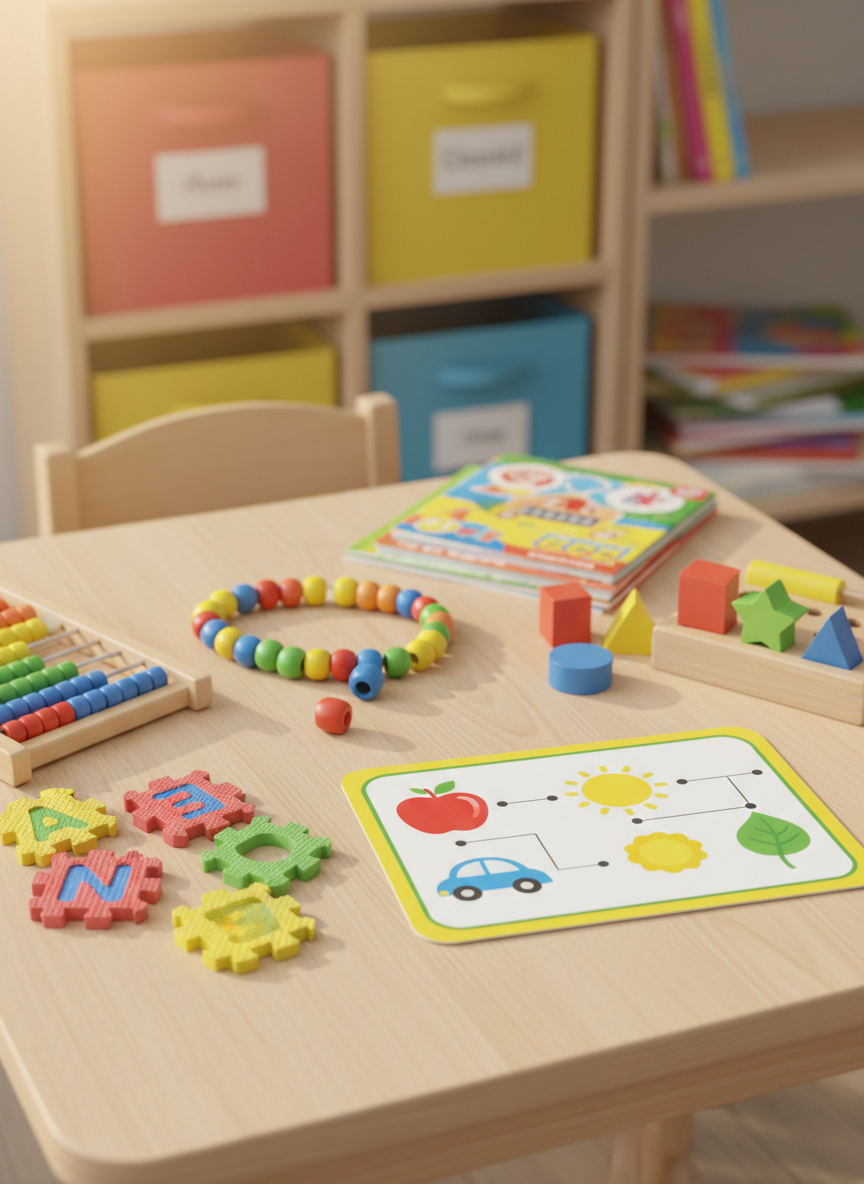 A bright wooden tabletop covered with playful kids’ learning materials, including colorful alphabet puzzle pieces, chunky counting beads, and simple shape-sorting blocks, all neatly scattered as if mid-activity. In the center sits an open laminated activity card showing a matching game with bold icons and primary colors. Soft morning sunlight from an unseen window washes across the surface, creating gentle shadows and a cozy glow. The background is softly blurred shelves filled with labeled bins and neatly stacked workbooks. Photographic realism, shot from a slightly elevated angle with shallow depth of field, creating an inviting, organized, and energetic atmosphere perfect for a kids’ learning activities website.