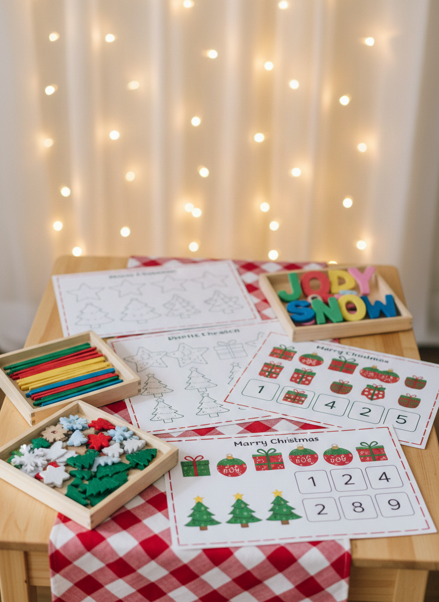 A cozy holiday-themed learning station featuring a low table draped with a simple red-and-white checkered runner, covered with printable activity mats for matching, tracing, and counting festive icons like stars, trees, and presents. Wooden trays hold sorted colored craft sticks, felt shapes, and large foam letters that match the printables. Warm, twinkling string lights hang softly blurred in the background, casting a gentle golden glow and creating subtle bokeh. Lighting is warm and inviting, with soft side illumination that accentuates texture without harsh shadows. Photographic realism, slightly elevated angle with moderate depth of field, capturing both the crisp detail of the activities and the cozy, playful holiday atmosphere.